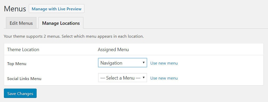 Selecting location of WordPress menu..